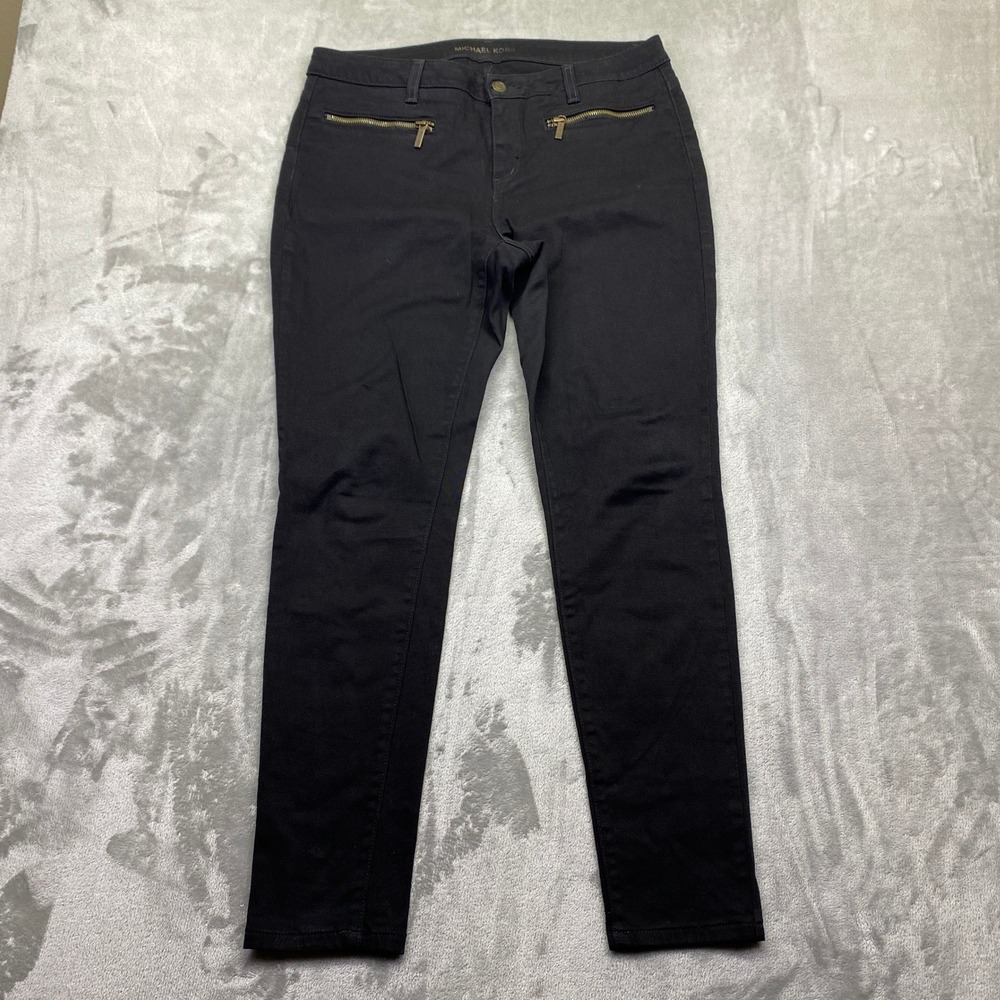 Michael Kors Black Skinny Pants Gold Zipper Detail Womens Size 8 Fits 32"Stretch